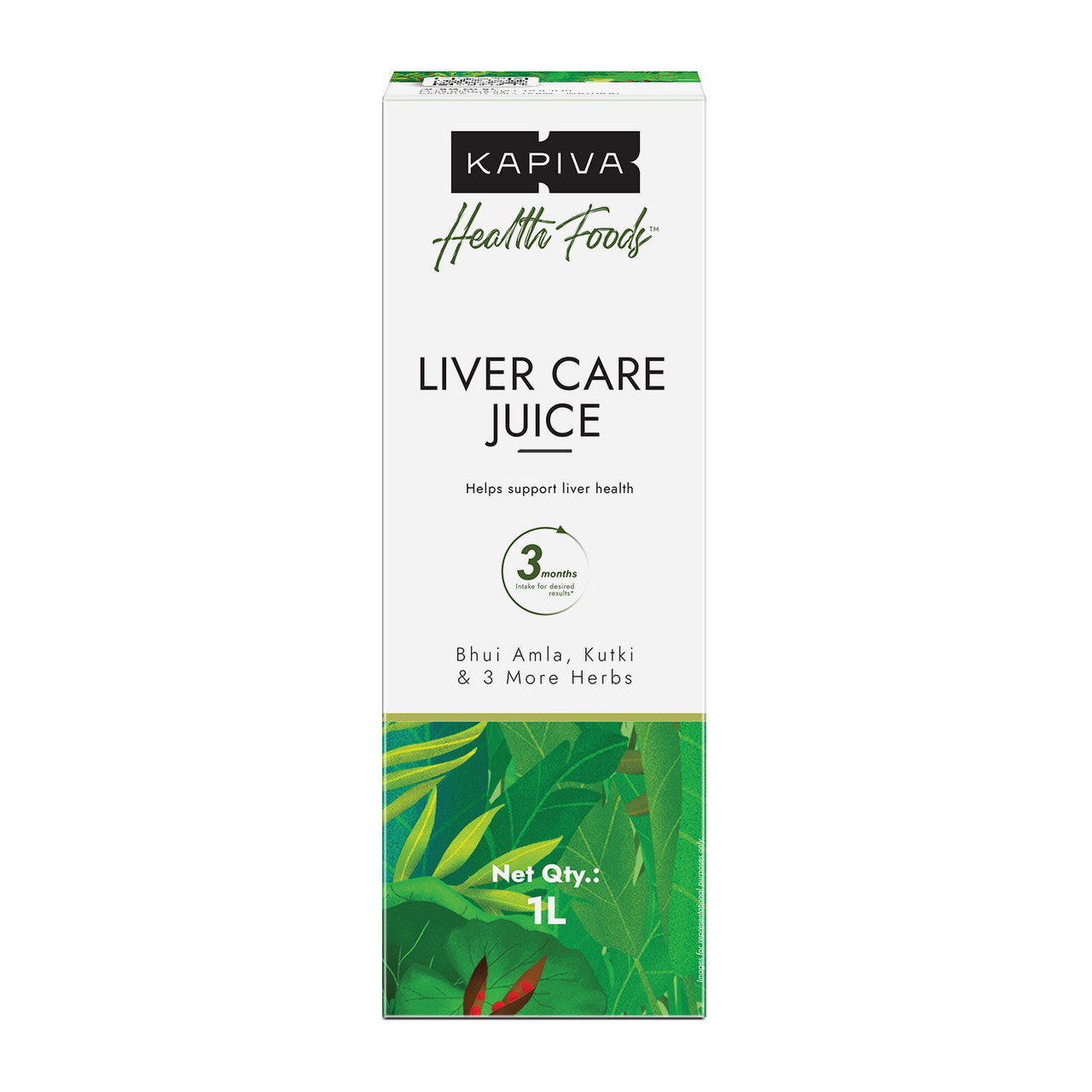 Kapiva Health Foods Liver Care Juice 1L carton front view with Bhui Amla, Kutki and 3 more herbs for liver health