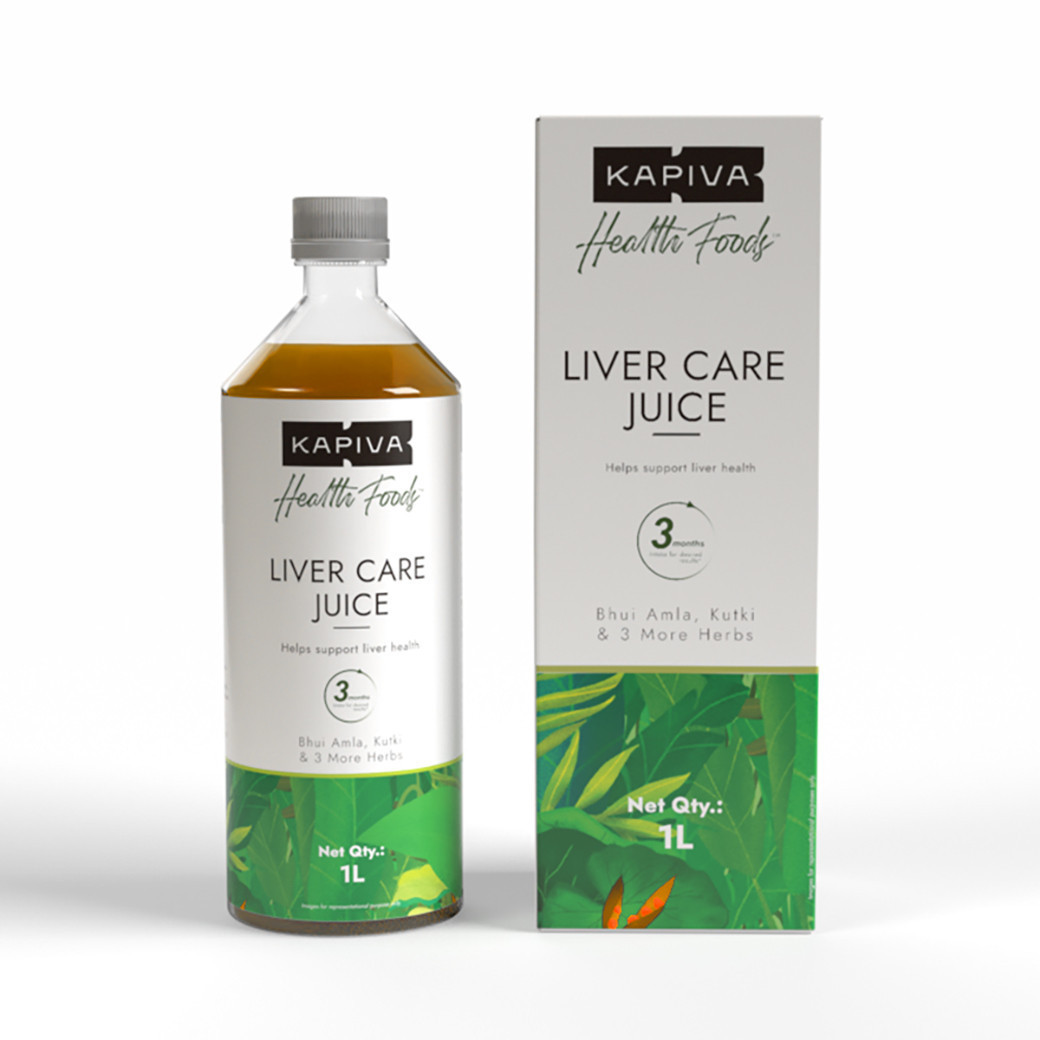 Kapiva Health Foods Liver Care Juice 1L bottle and carton with Bhui Amla, Kutki and 3 more herbs, 33% off