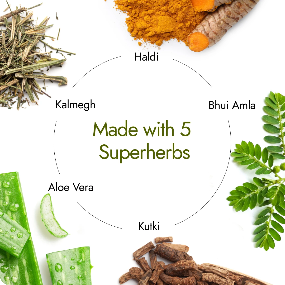 Kapiva Liver Care Juice 5 superherbs circle with Haldi, Bhui Amla, Kutki, Aloe Vera and Kalmegh
