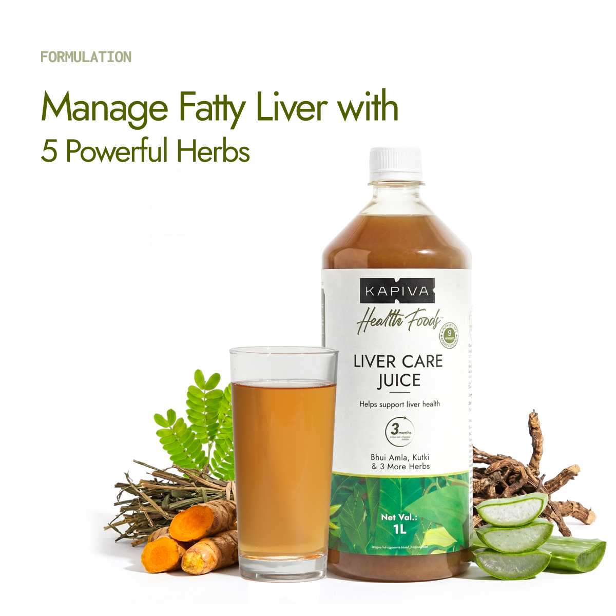 Kapiva Liver Care Juice 1L with 5 herbs for fatty liver management including Bhui Amla, Kutki, Haldi and Aloe Vera