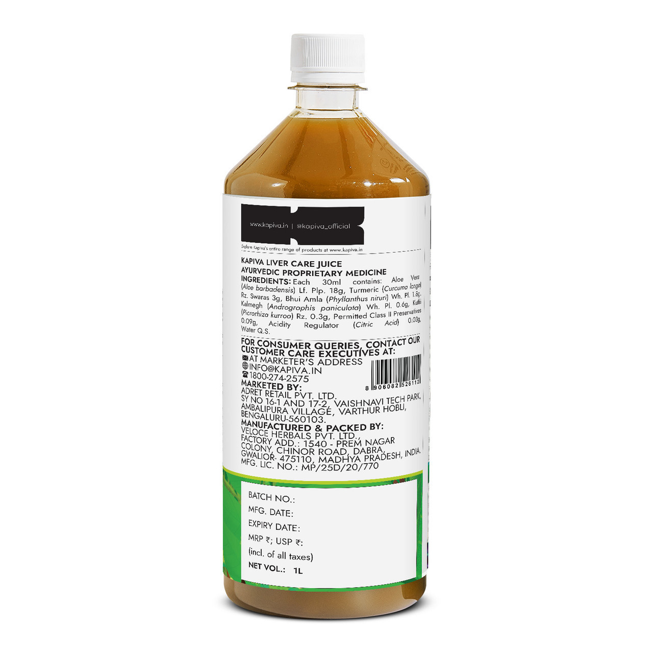 Kapiva Liver Care Juice 1L bottle back label with Aloe Vera, Turmeric, Bhui Amla, Kalmegh, Kutki ingredients list