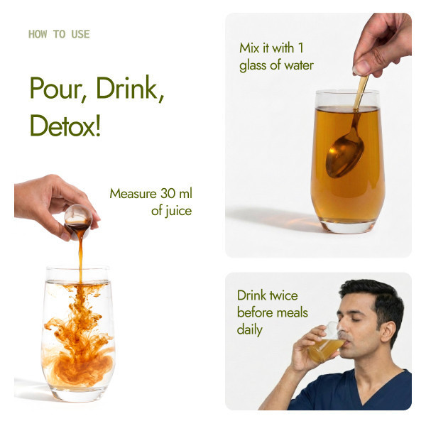 Kapiva Liver Care Juice how to use, measure 30ml, mix in water, drink twice daily before meals for liver detox