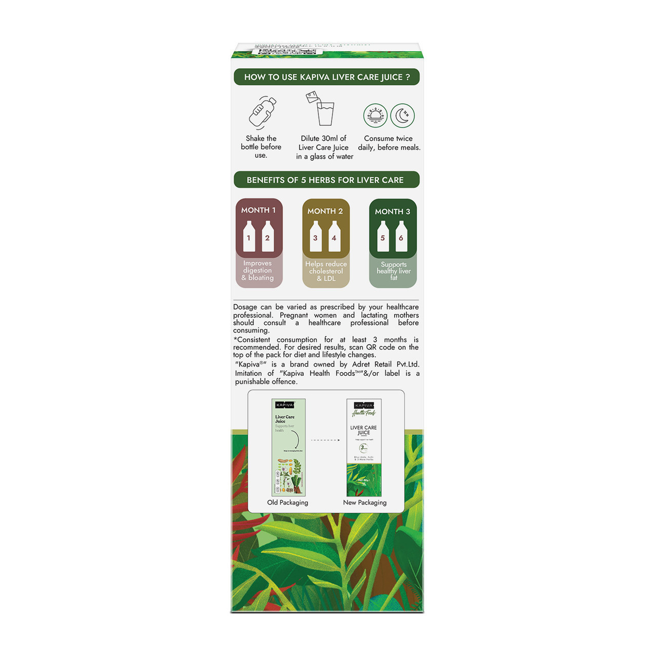 Kapiva Liver Care Juice carton back with how to use instructions, 3 month benefits timeline and old vs new packaging