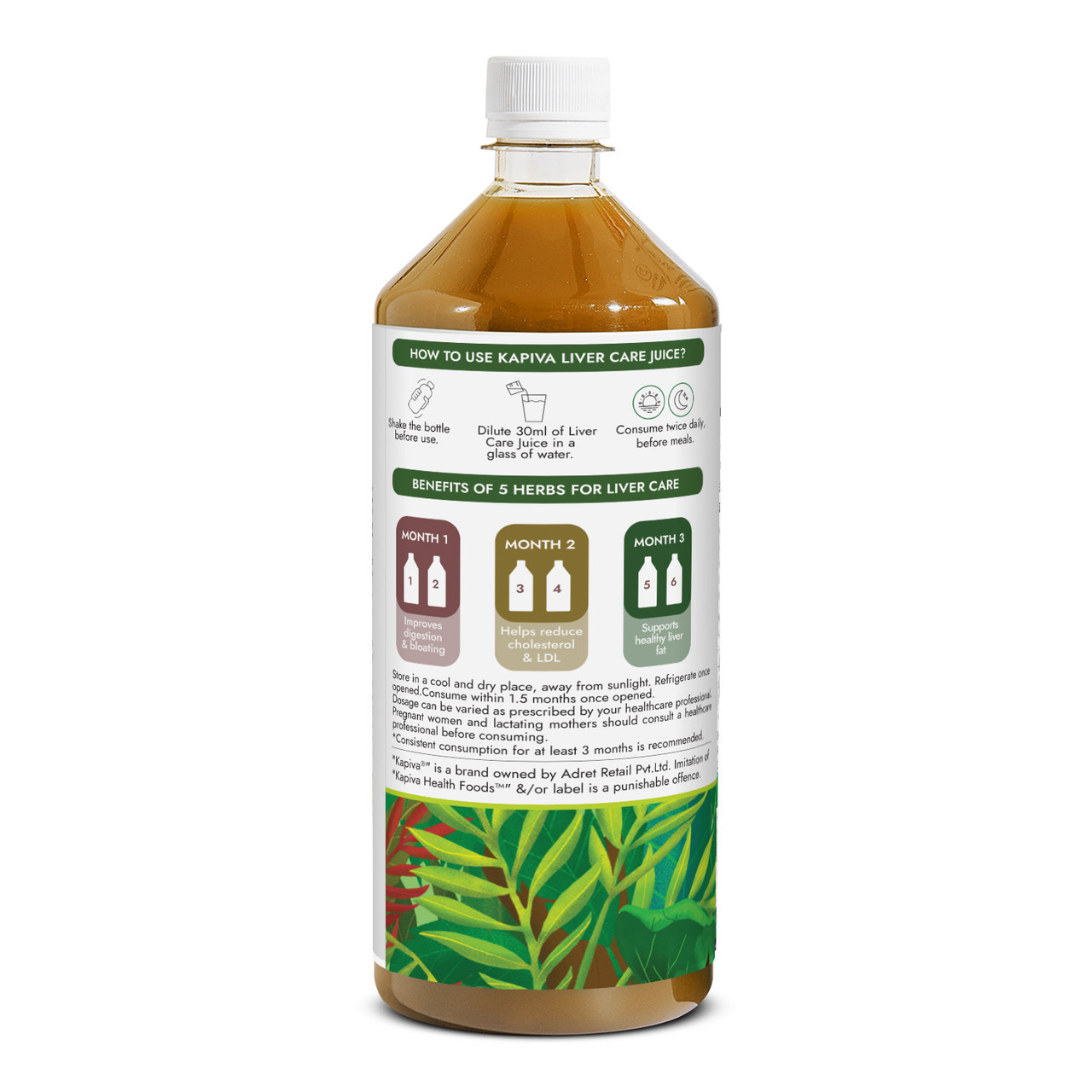 Kapiva Liver Care Juice 1L bottle back label with usage, 30ml twice daily, 3 month benefits for digestion and cholesterol