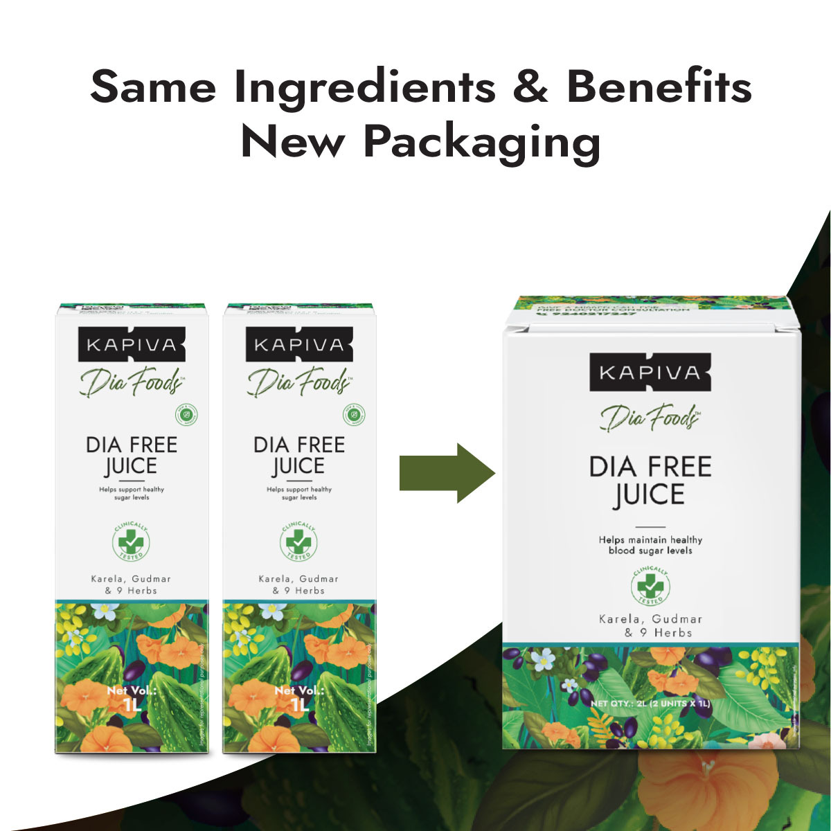 Kapiva Dia Free Juice 2L pack of new box packaging, same ingredients and benefits with Karela Gudmar and 9 herbs