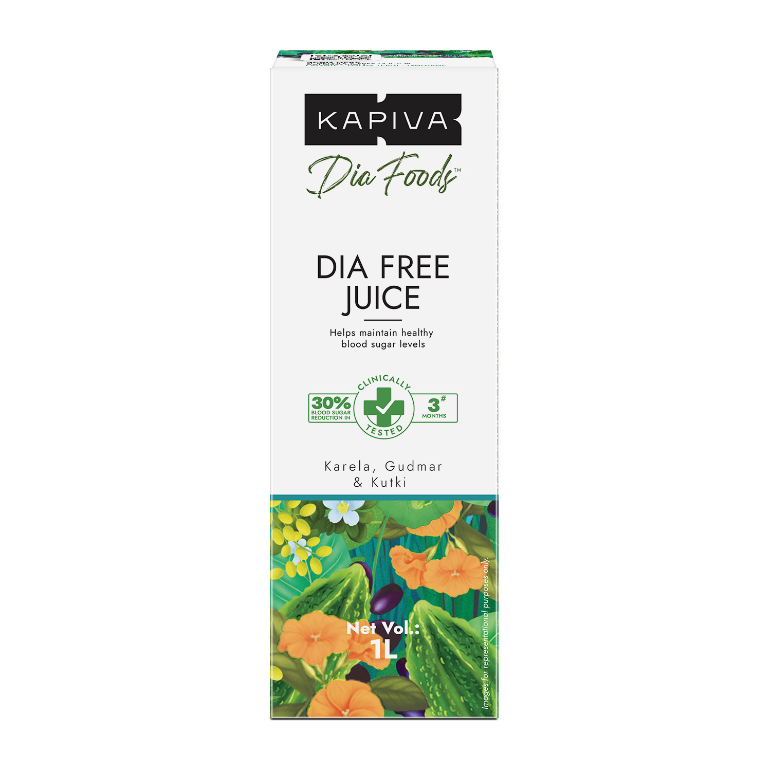  Kapiva Dia Foods Dia Free Juice 1L carton front view, clinically tested 30% blood sugar reduction in 3 months