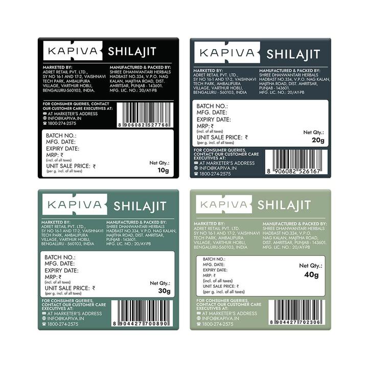 Kapiva Shilajit resin available in 10g 20g 30g and 40g variants with manufacturer and batch details