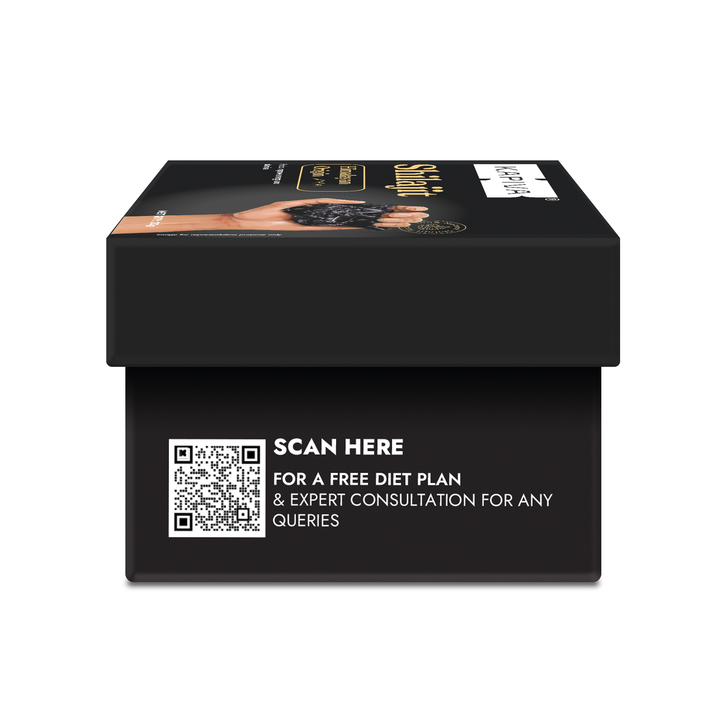 Kapiva Shilajit box side view with QR code for free diet plan and expert consultation