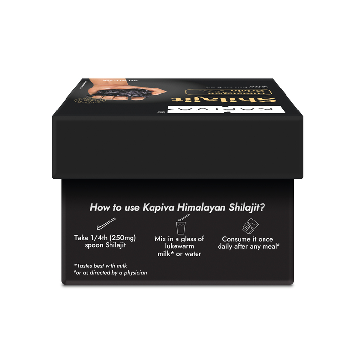 Kapiva Himalayan Shilajit box with how to use instructions, 250mg spoon dose mixed in lukewarm milk or water daily