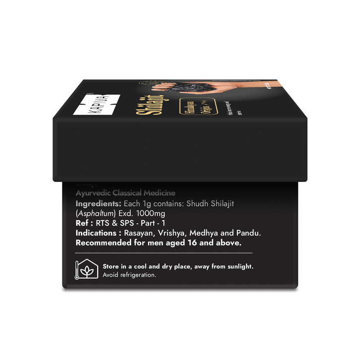 Kapiva Shilajit packaging back view showing Shudh Shilajit 1000mg ingredients, indications and storage details