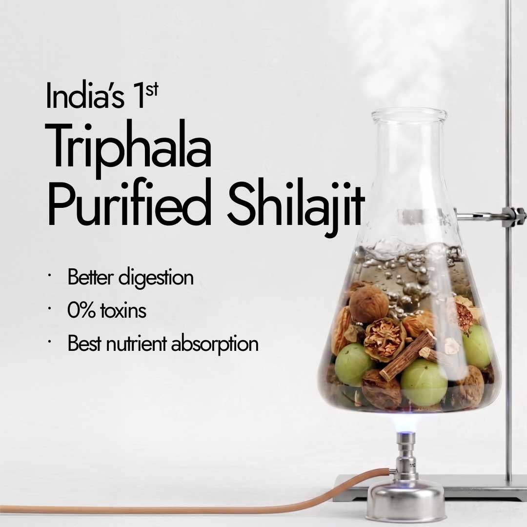 Kapiva Triphala purified Shilajit process with amla and herbs in lab flask for better digestion and 0% toxins