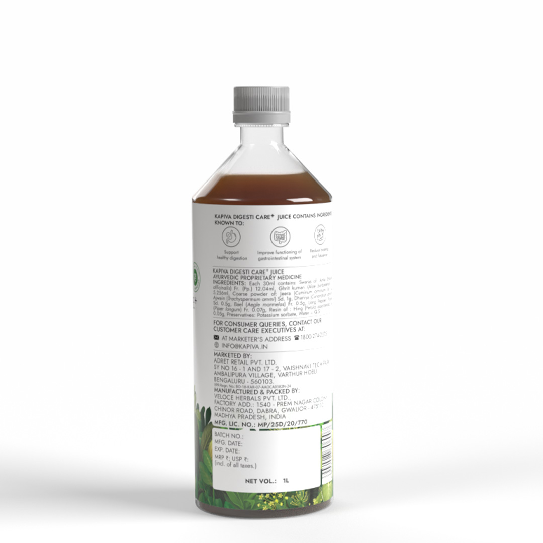 Kapiva Digesti Care Plus Juice 1L bottle back label showing ayurvedic ingredient list and manufacturer details