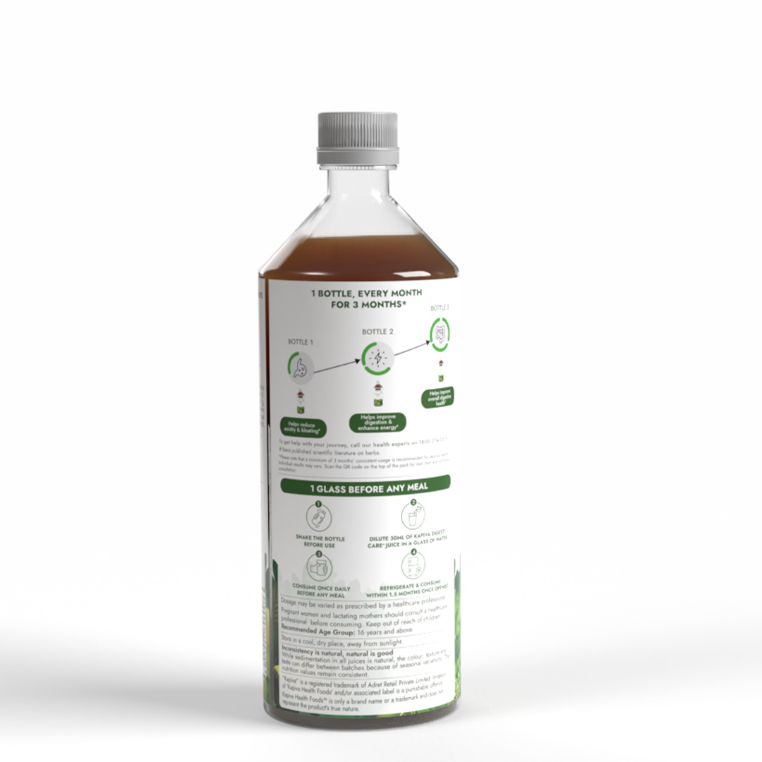 Kapiva Digesti Care Plus Juice 1L bottle back label with 3-month usage plan and dosage instructions