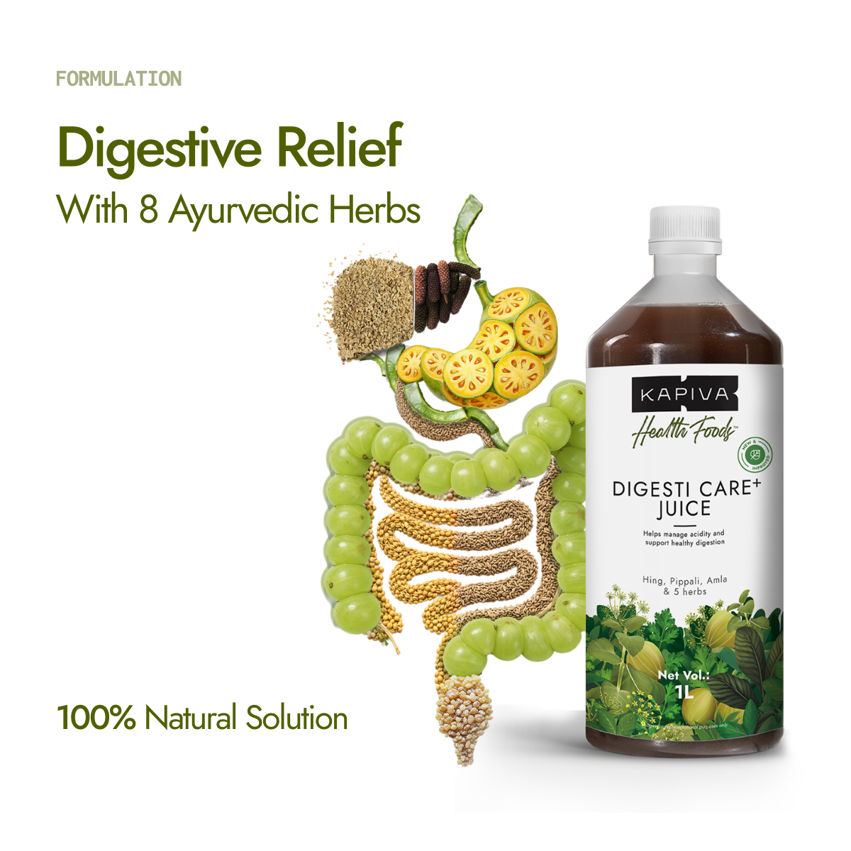 Kapiva Digesti Care Plus Juice 1L bottle with digestive system illustration showing 8 ayurvedic herbs formulation