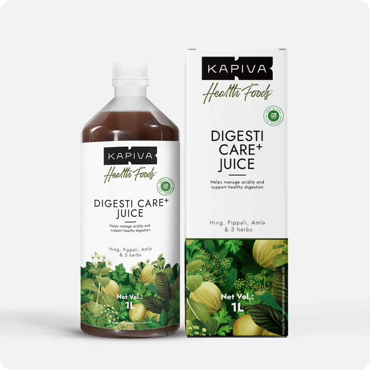 Kapiva Digesti Care Plus Juice 1L bottle with box on grey background, hing pippali amla ayurvedic formula