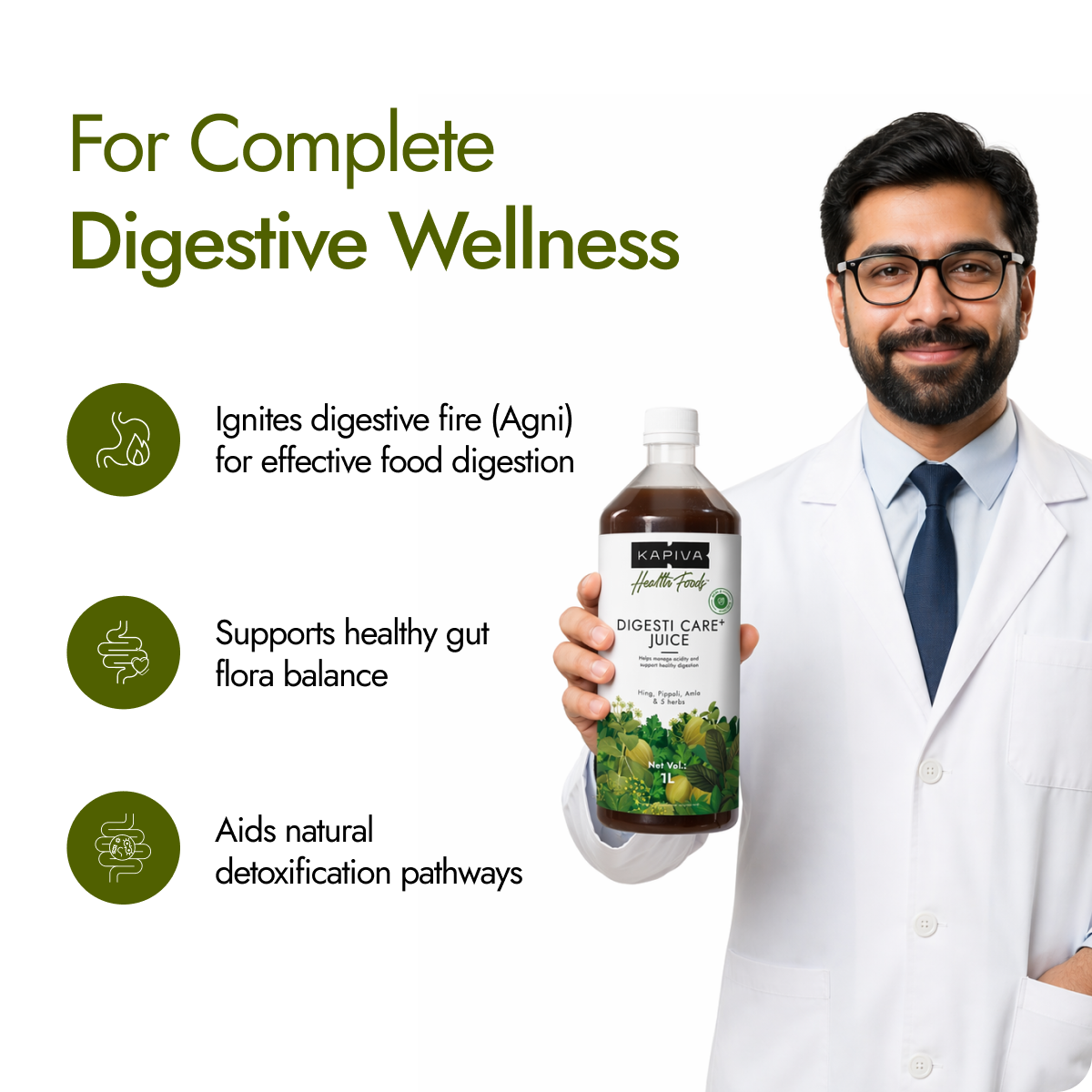 Doctor holding Kapiva Digesti Care Plus Juice 1L bottle showing benefits for gut flora and digestive wellness