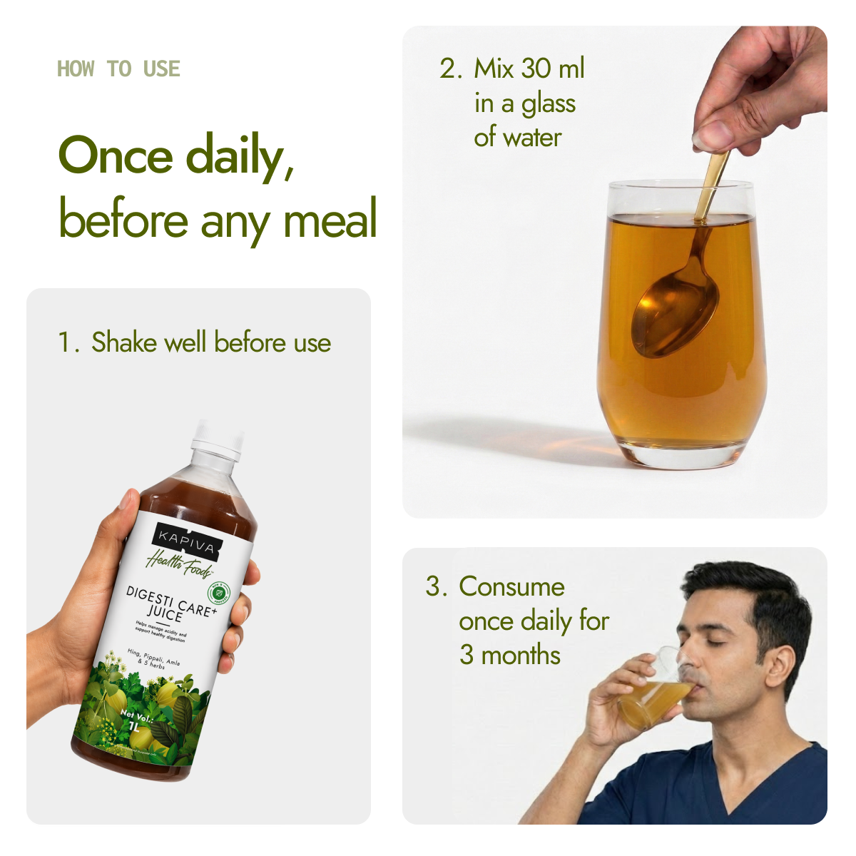How to use Kapiva Digesti Care Plus Juice, mix 30ml in water and consume once daily before any meal