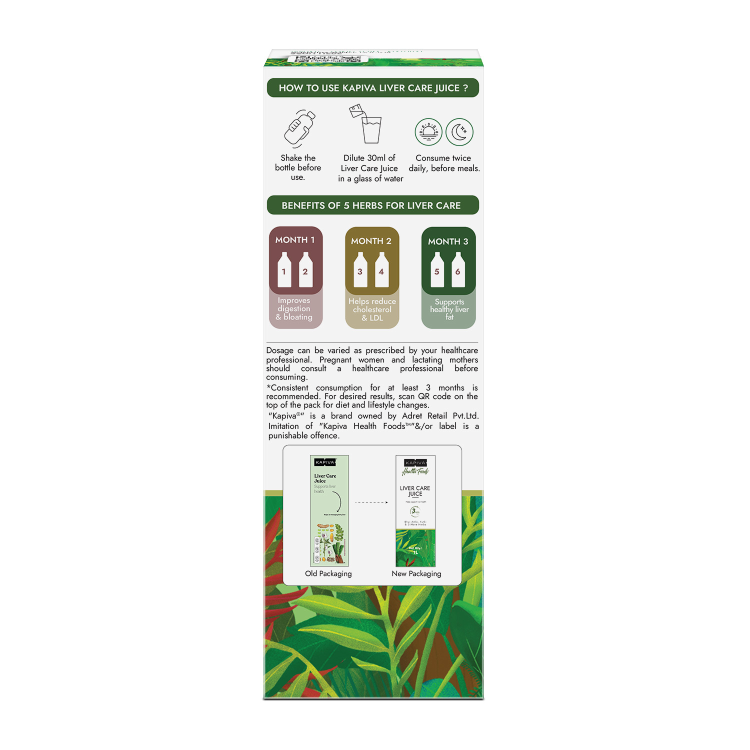 Kapiva Liver Care Juice carton back with how to use instructions, 3 month benefits timeline and old vs new packaging