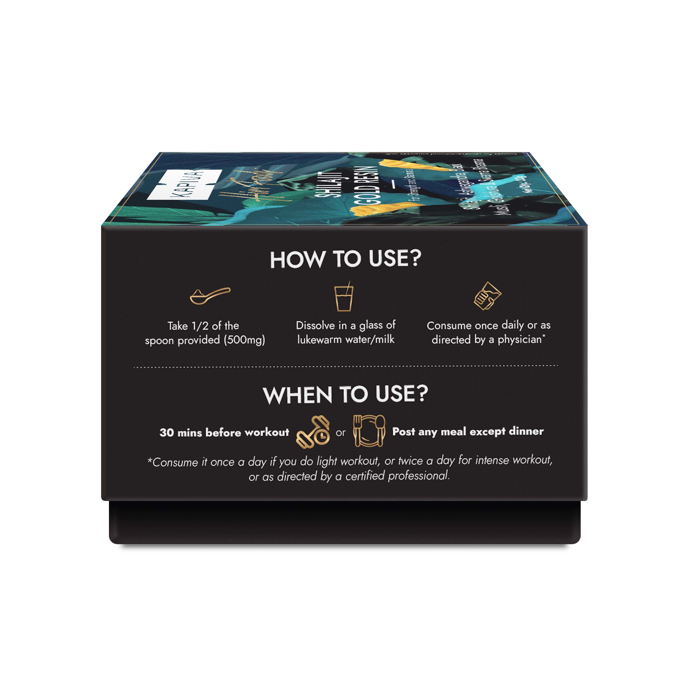 Kapiva Shilajit Gold Resin box with usage instructions, 500mg dose in water or milk, 30 mins before workout