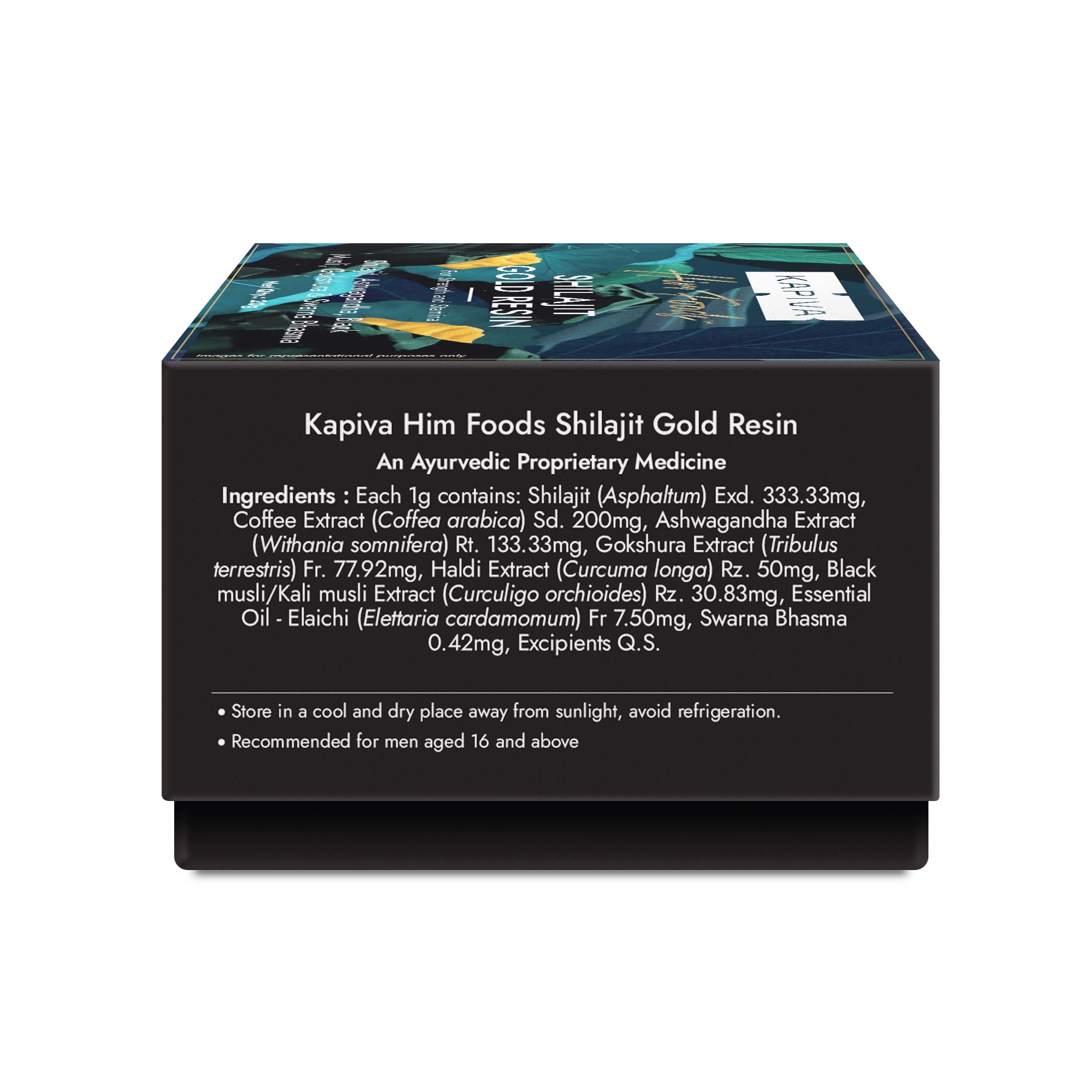 Kapiva Him Foods Shilajit Gold Resin ingredients panel with Shilajit, Ashwagandha, Gokshura, Black Musli and Swarna Bhasma