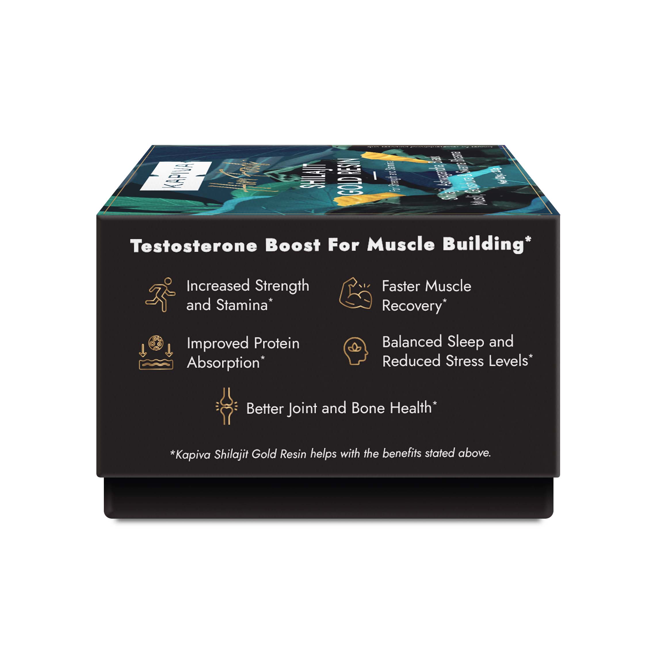 Kapiva Shilajit Gold Resin box back with benefits for strength, muscle recovery, protein absorption and joint health