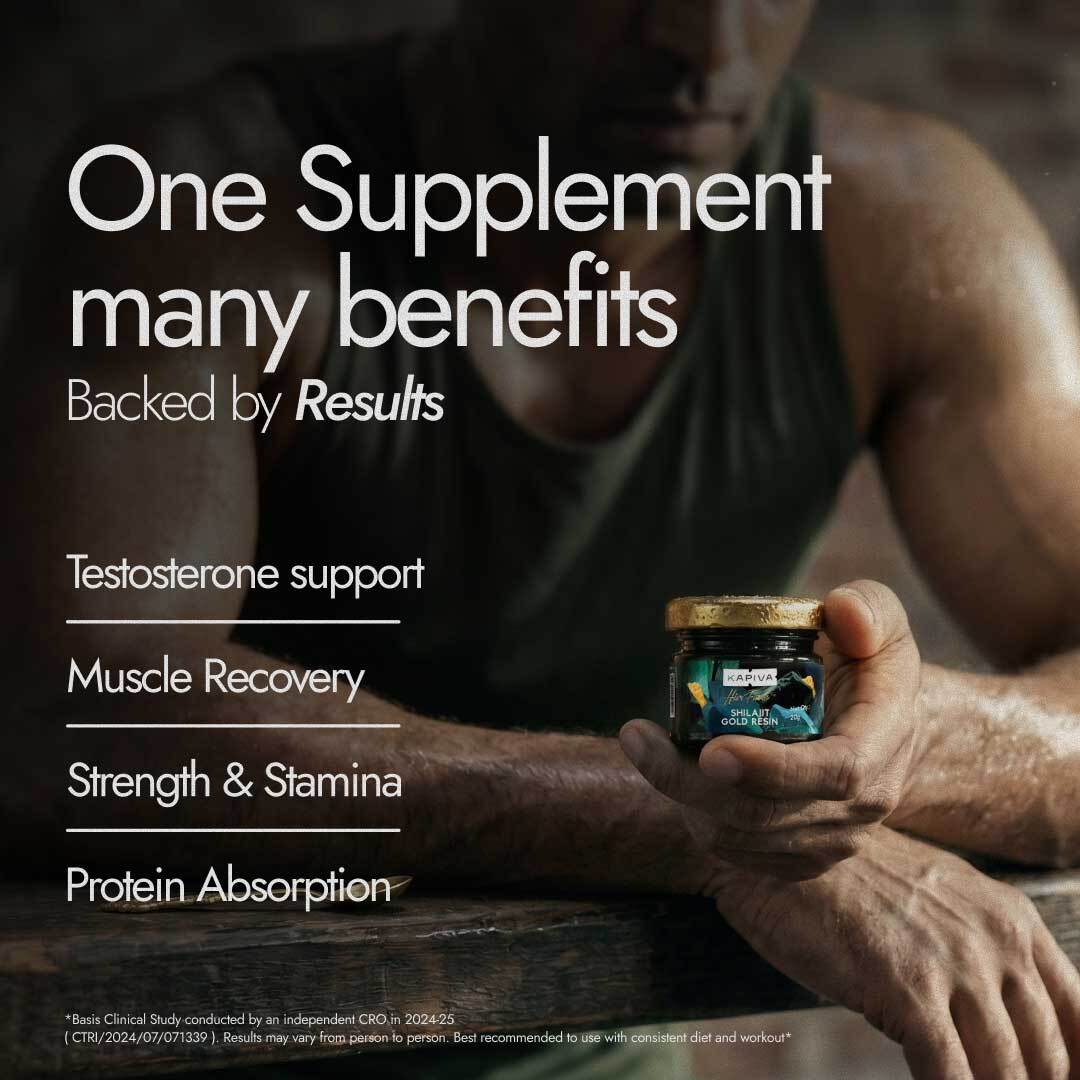 Kapiva Shilajit Gold Resin benefits for testosterone support, muscle recovery, strength, stamina and protein absorption