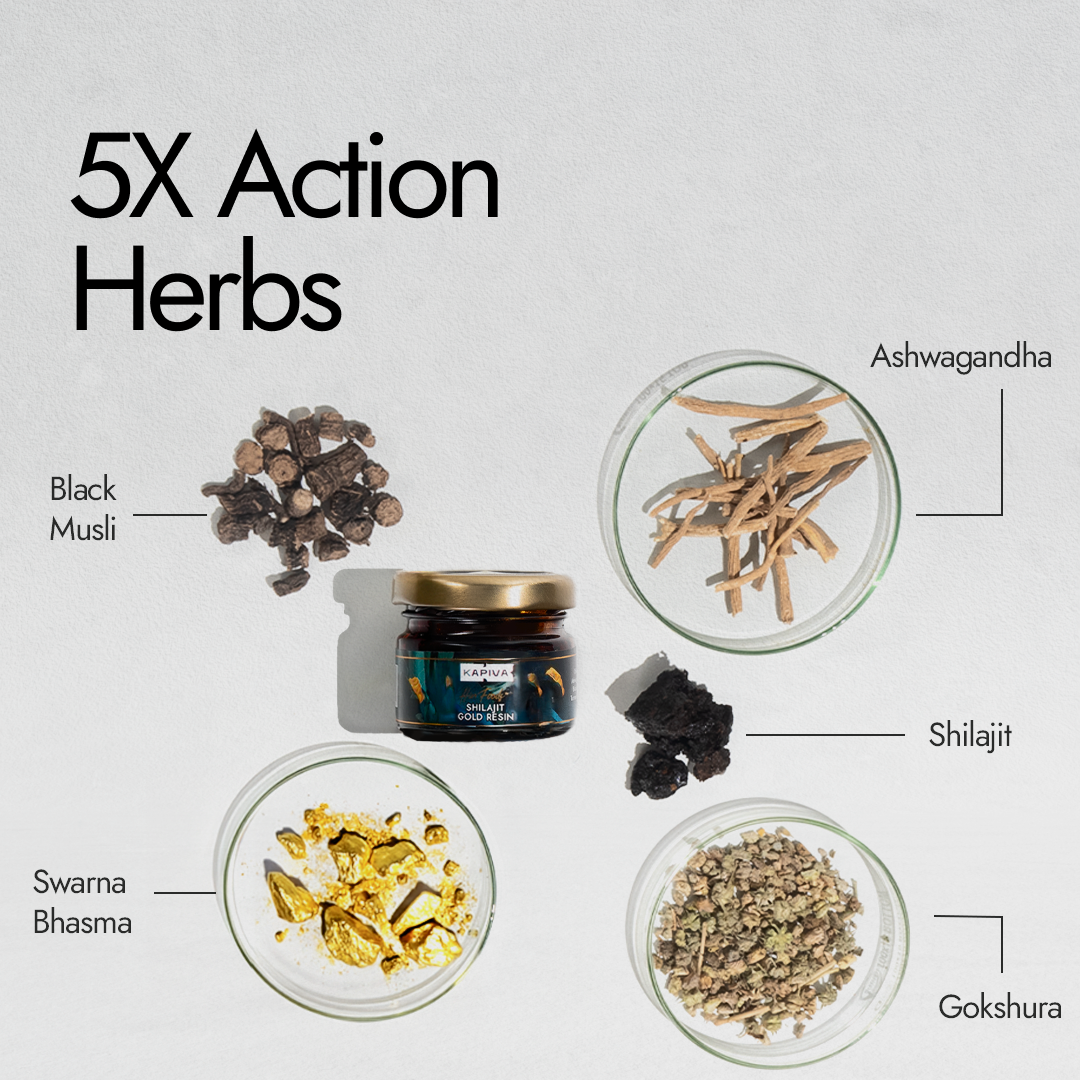 Kapiva Shilajit Gold Resin 5X action herbs with Ashwagandha, Black Musli, Gokshura, Swarna Bhasma and Shilajit