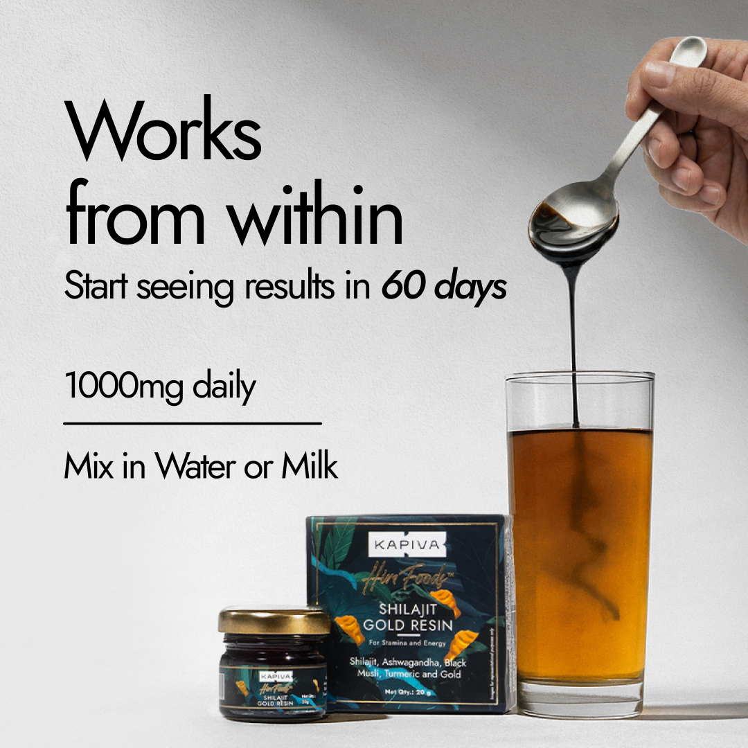 Kapiva Shilajit Gold Resin 1000mg daily dose mixed in water, results in 60 days with jar and packaging