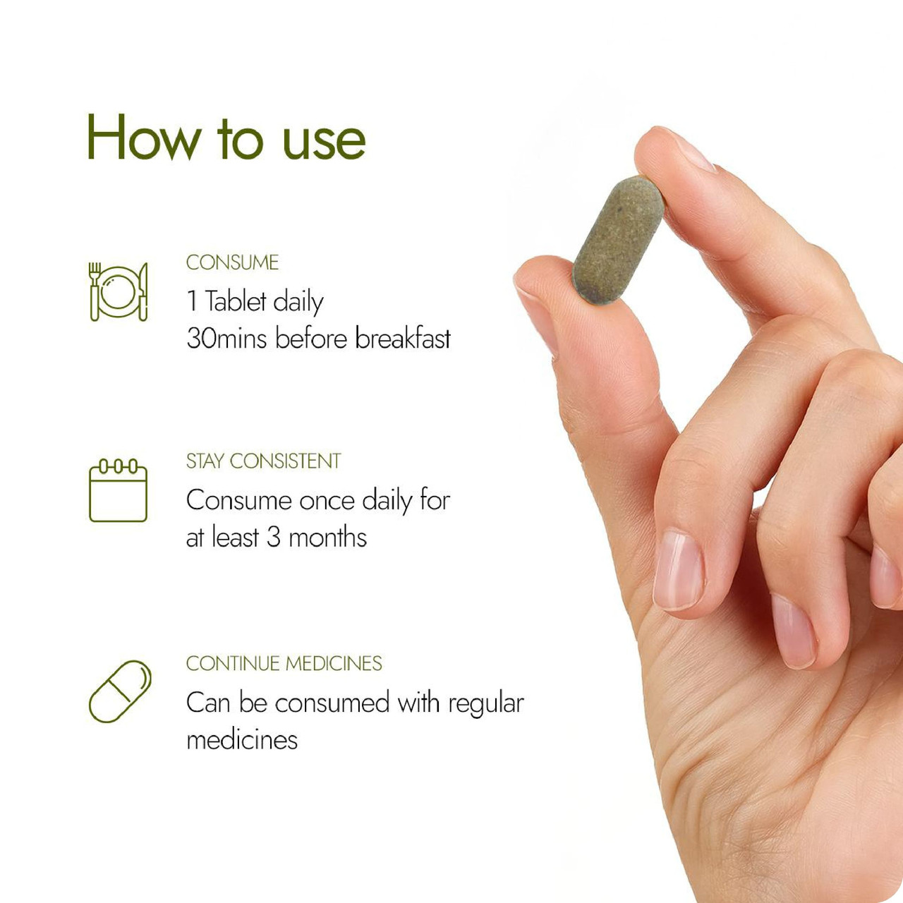 Kapiva Dia Free 2X Tablet held in hand with how to use guide, 1 tablet daily 30 mins before breakfast for 3 months