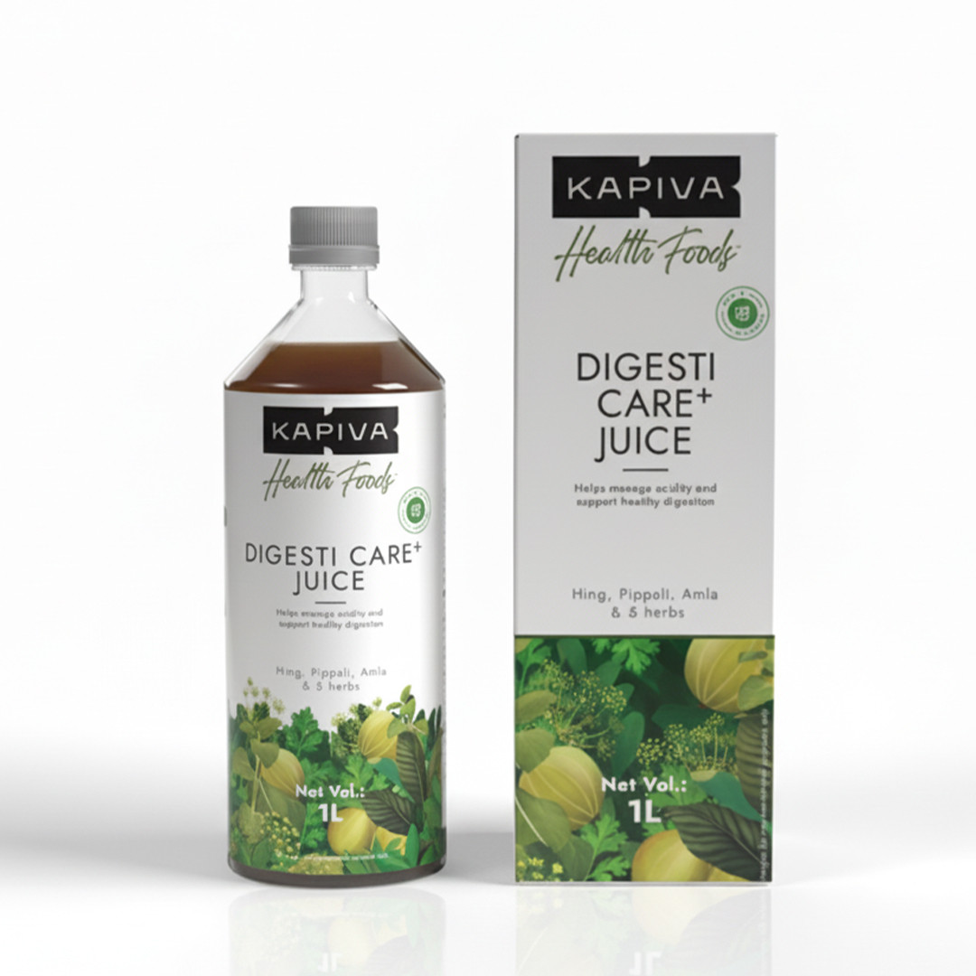 Kapiva Digesti Care Plus Juice 1L bottle and box with hing, pippali and amla formula for acidity management