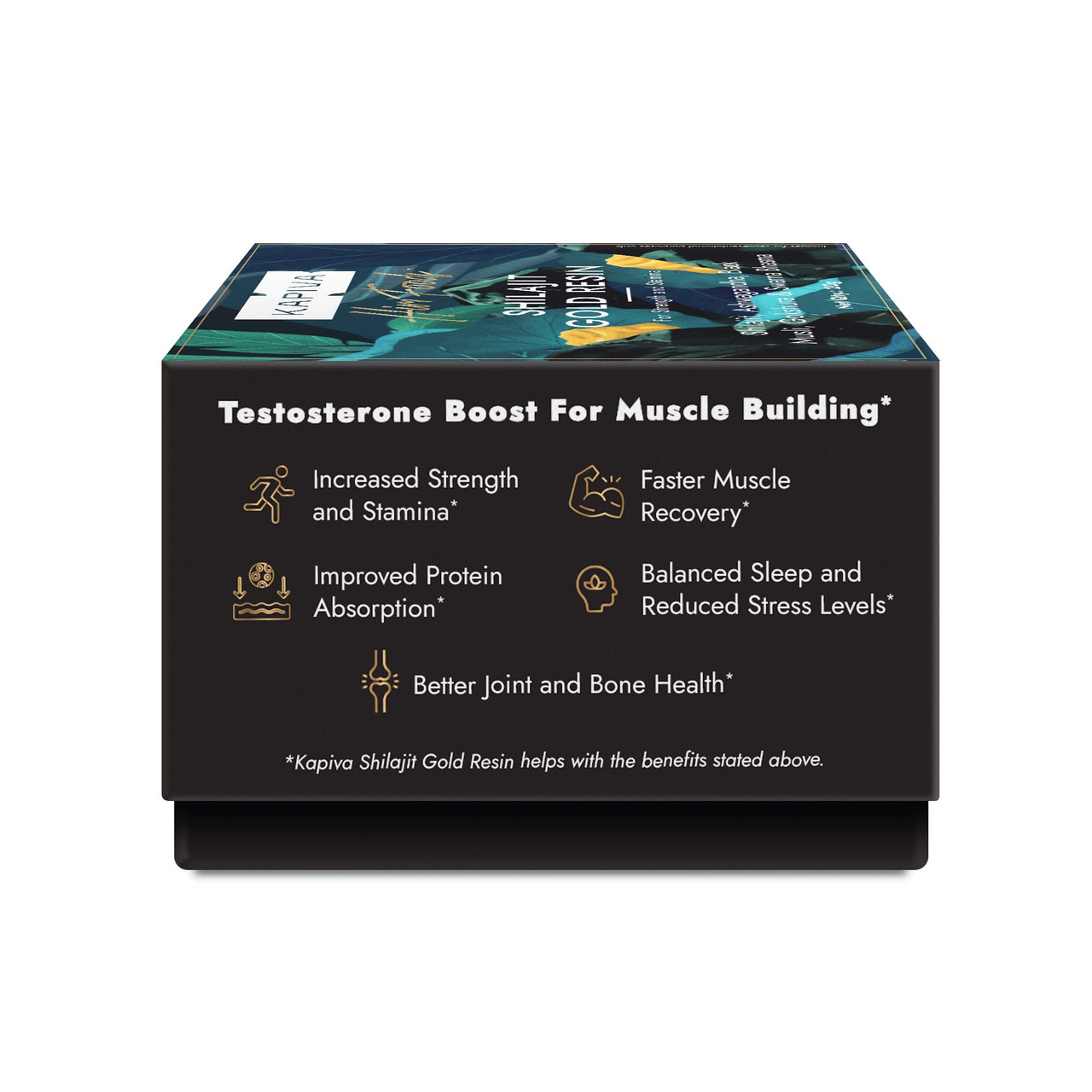 Kapiva Shilajit Gold Resin box back with benefits for strength, muscle recovery, protein absorption and joint health