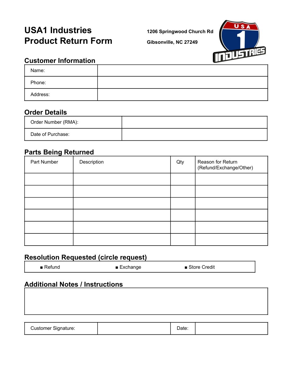 USA1 Industries Return Sheet