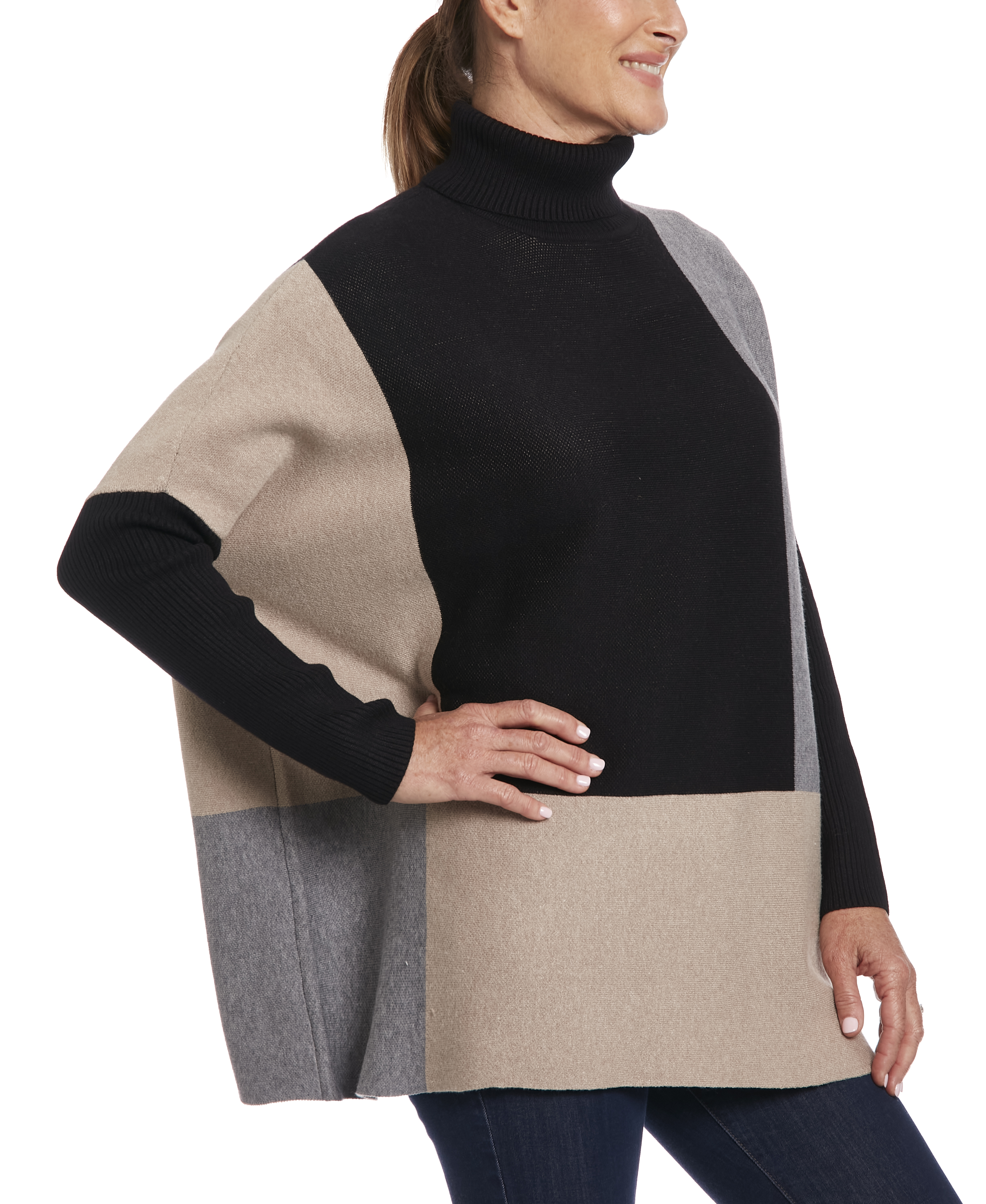 Long Sleeve Poncho in Colorblock Neutral