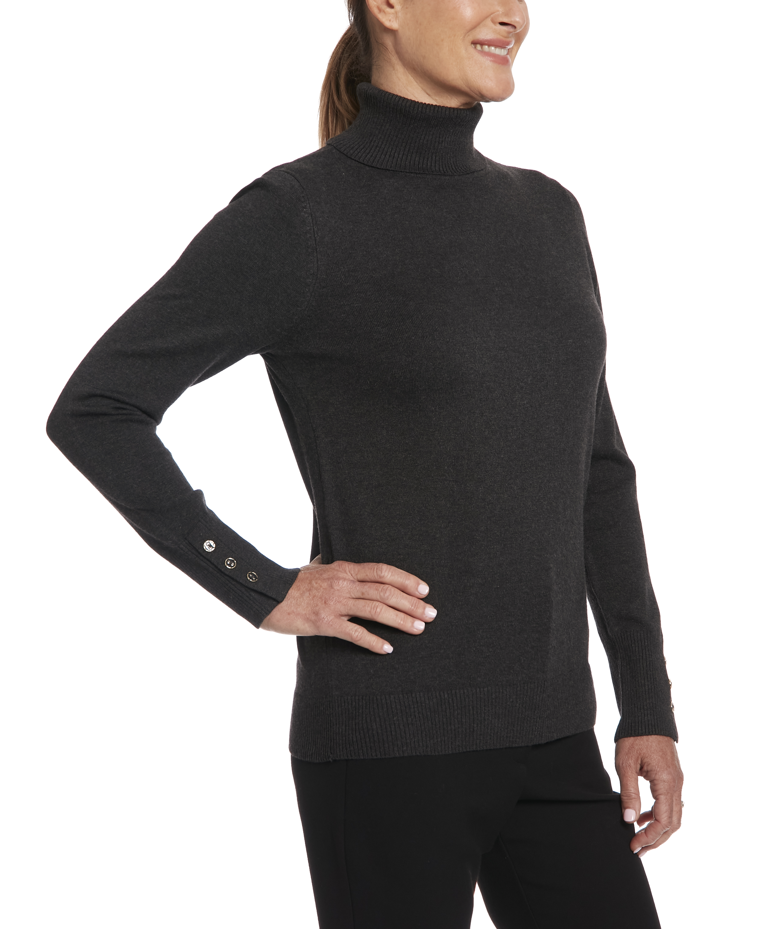 Long Sleeve Button Cuff Turtleneck in Charcoal Heather