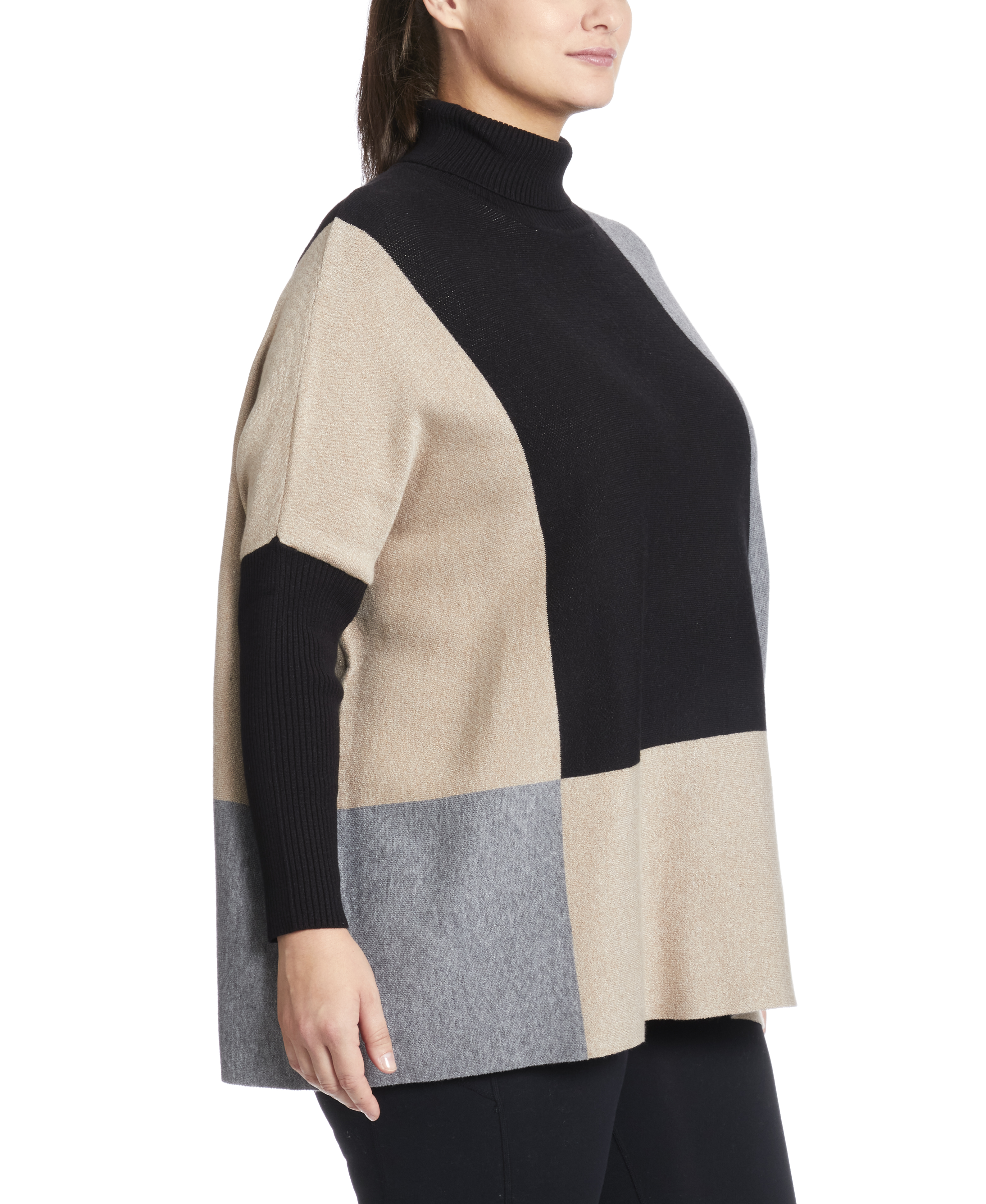 Turtle Neck Poncho Sweater in Colorblock Neutral