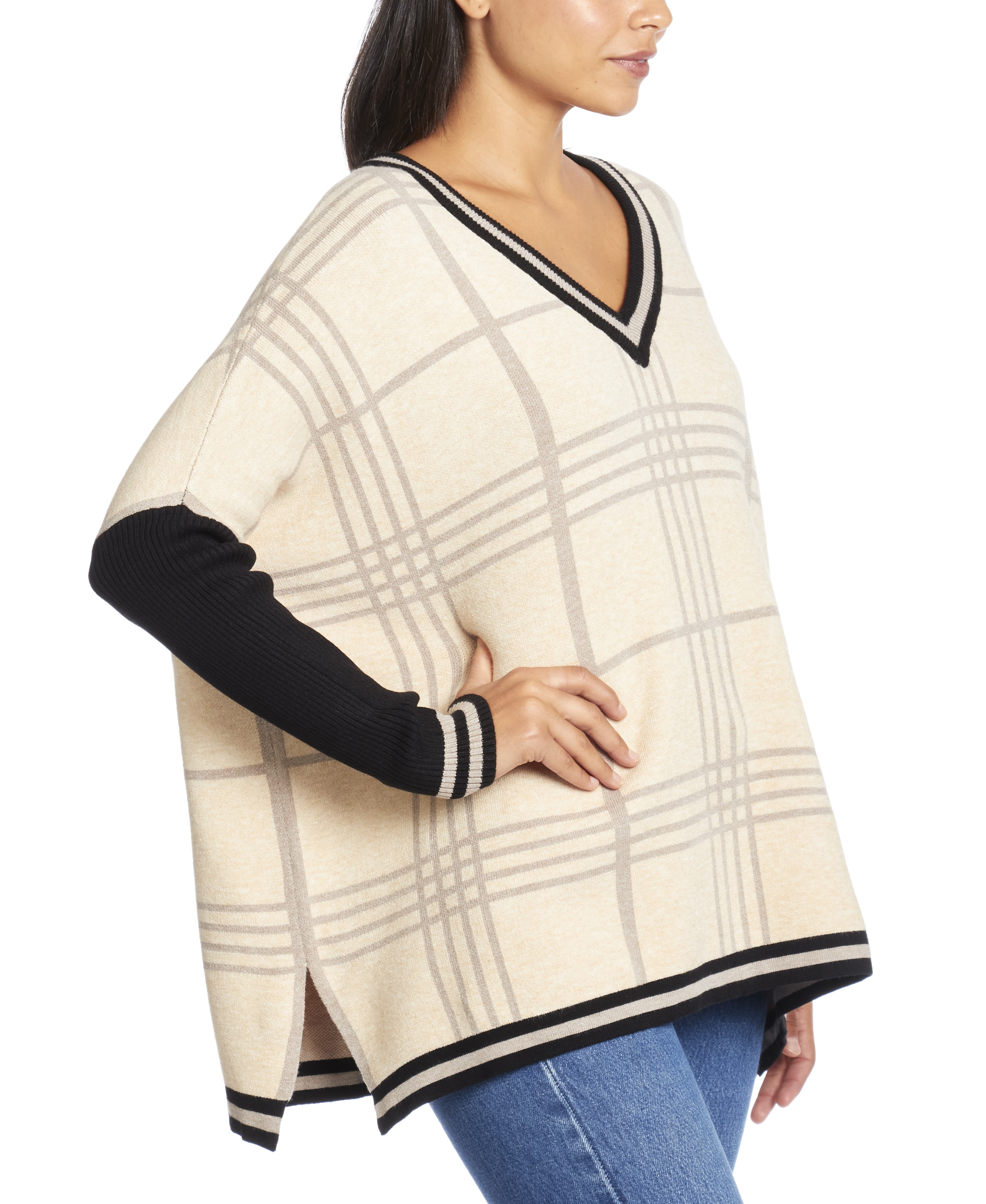 V-Neck Poncho Sweater in Winter Plaid