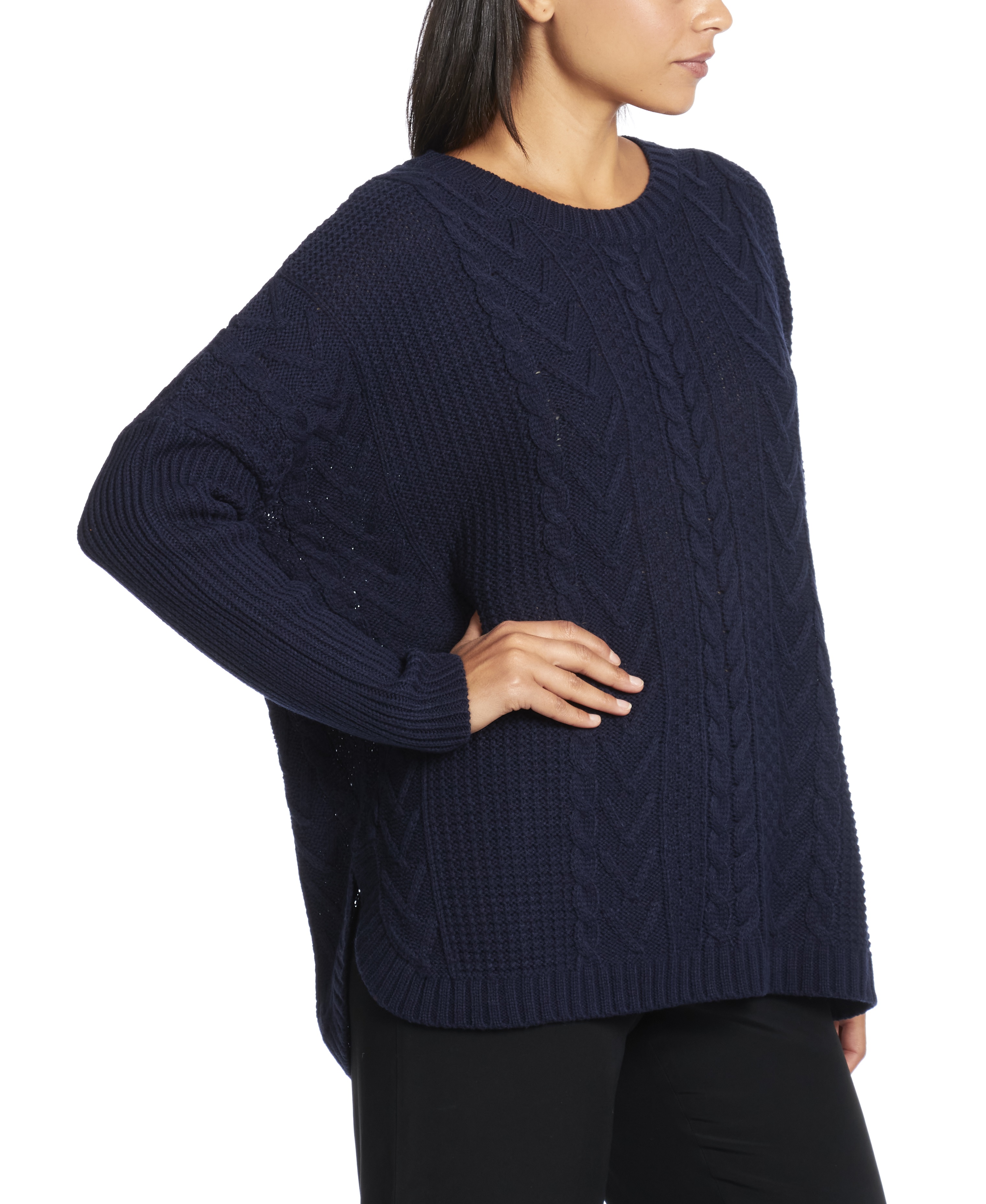 Long Sleeve Boxy Cable and Rib Pullover in Navy Yard