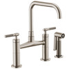 Bridge Faucet with Square Spout and Knurled Handle in Stainless Finish