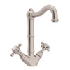 Single Hole Column Spout Bar/ Food Prep Faucet With Cross Handles And 6-1/2 Reach Column Spout In Satin Nickel