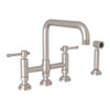 Deck Mount U-Spout 3 Leg Bridge Kitchen Faucet With Sidespray With Industrial Metal Lever Handle In Satin Nickel