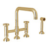 Deck Mount U-Spout 3 Leg Bridge Kitchen Faucet With Sidespray With Industrial Metal Wheel Handle In Unlacquered Brass