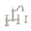 Bridge Kitchen Faucet and Metal Cross Handles in Satin Nickel