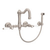 Wall Mount Column Spout Bridge Kitchen Faucet With Sidespray And Porcelain Lever Handle In Satin Nickel