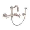Wall Mount Column Spout Bridge Kitchen Faucet With Sidespray And Five Spoke Handle In Satin Nickel
