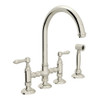 Deck Mount C-Spout 3 Leg Bridge Kitchen Faucet With Sidespray And Metal Lever In Polished Nickel