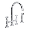 Deck Mount C-Spout 3 Leg Bridge Kitchen Faucet With Sidespray And Cross Handle In Polished Chrome