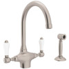 Single Hole C-Spout Kitchen Faucet With Porcelain Lever Sidespray In Satin Nickel