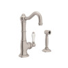 9" Single Hole Column Spout Kitchen Faucet With Sidespray With Porcelain Lever Handle In Satin Nickel