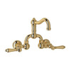 Wall Mount Bridge Lavatory Faucet with Metal Levers Pop-Up and Column Spout in Italian Brass