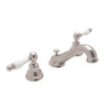 C-Spout Widespread Lavatory Faucet with Ornate White Porcelain Lever in Satin Nickel